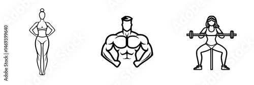 Vector illustration icon of fitness figures showcasing different workout poses and strength training exercises