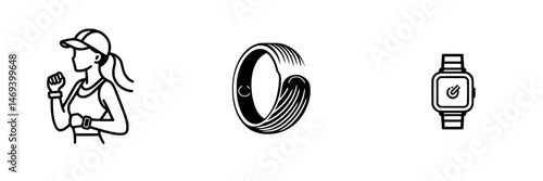 Fitness tracker icons displaying a runner, a fitness band, and a smartwatch for active lifestyle monitoring and health management