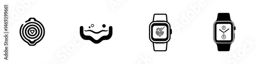 Collection of vector illustration icons featuring watches and aquatic symbols representing time, activity, and tracking in a modern design style