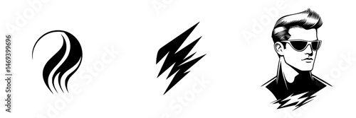 Vector illustration icons featuring stylized hair, lightning symbols, and a cool character in sunglasses