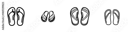 Footwear collection featuring various flip flops and sandals in black and white vector illustration style