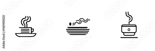 Vector illustration icons of steaming cup, bowl, and pot depicting various hot beverages and dishes in simple design