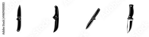 Vector illustration of four distinctive knife designs showcasing various shapes and styles in a minimalist black and white presentation