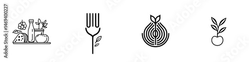 Vector icons depicting food elements, utensils, and plant life for educational or graphic design purposes