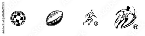 Vector illustration icons showcasing various ball sports including soccer and rugby with a player in action