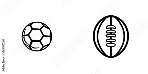 Vector illustration icons of soccer ball and rugby ball showcasing different sports equipment in a minimalistic style