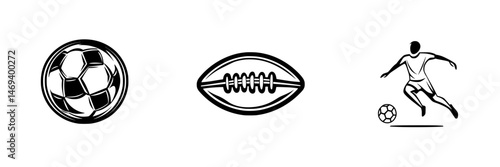 Various sports ball icons showcasing soccer, rugby, and a player kicking a ball in a minimalist vector design