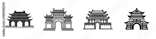 Vector illustration of traditional Asian architecture featuring iconic pagodas and gates in a minimalist style