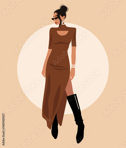 Illustration of fashionista girl on beige background.