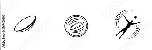Vector illustration depicting a flying disc, a spinning disc, and a person catching a disc during a playful outdoor activity