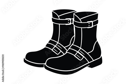 Silhouette art illustration a pair of motorcycle boots with buckles and straps.eps