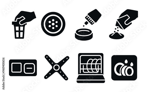 Cleaning solutions solid icons set – hygiene, sanitation, washing symbols