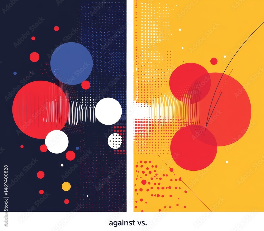 Obraz premium Two contrasting abstract compositions, one dark, one light, featuring circles, dots, and lines