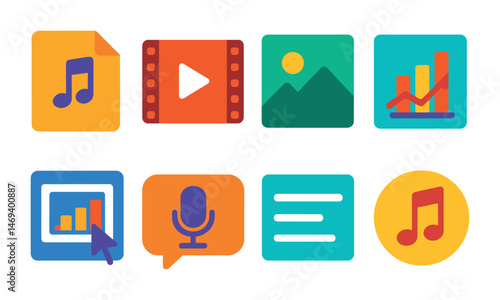 Multimedia flat icons set – music, video, communication symbols