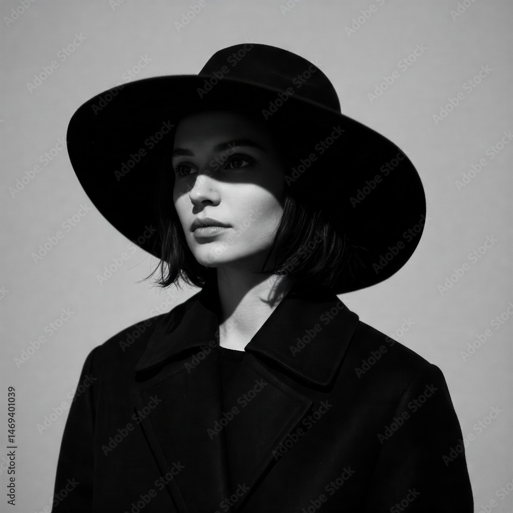 Sophisticated Woman in Dark Attire Looking Over Shoulder. Sophisticated Woman in Dark Attire Looking Over Shoulder.