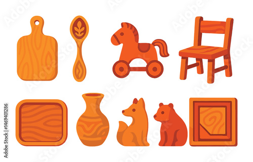 Wooden kitchen and toy icons set – flat, filled, decor and play symbols