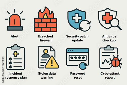 Cybersecurity alert icons set – flat, silhouette, data protection symbols