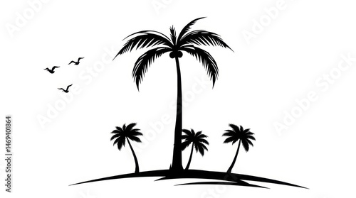Silhouette of palm trees on a small island with birds flying