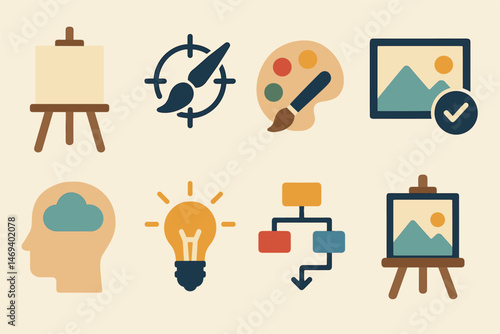 Art and creativity flat icons set – design, painting, artistic symbols for inspiration