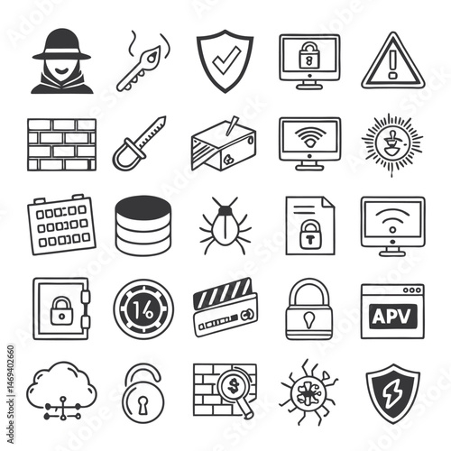 Cybersecurity Icon Set – Flat Style Icons for Data Protection, Firewall, Encryption & More
