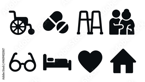 Elderly care and accessibility icons for health and support design
