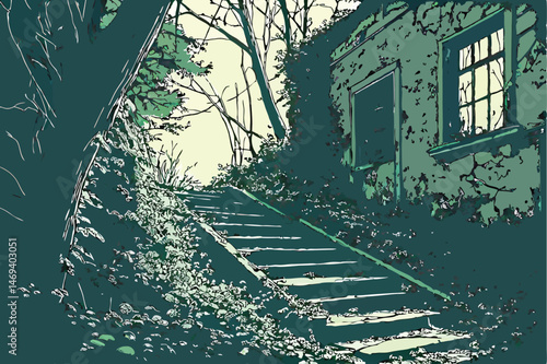 2 old,abandoned,decaying,stairs,overgrown,nature,moss,vines,sunlight,debris,glass,windows,atmospheric,moody,cinematic
