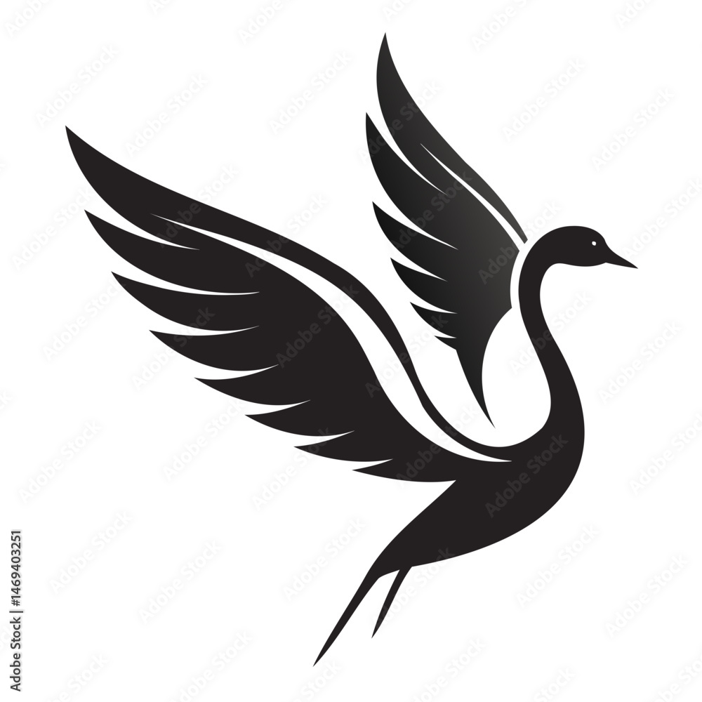 Obraz premium Simple swan in flight black line vector silhouette on a transparent background for digital designs