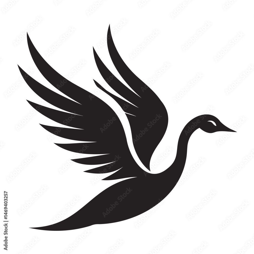Fototapeta premium Minimal flying swan black outline vector illustration with transparent background for creative projects