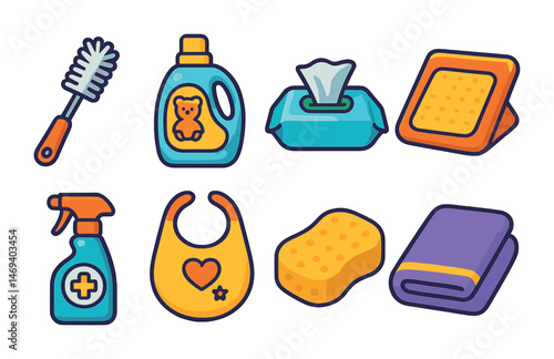 Cleaning and baby care icons set – filled, hygiene, household essentials symbols