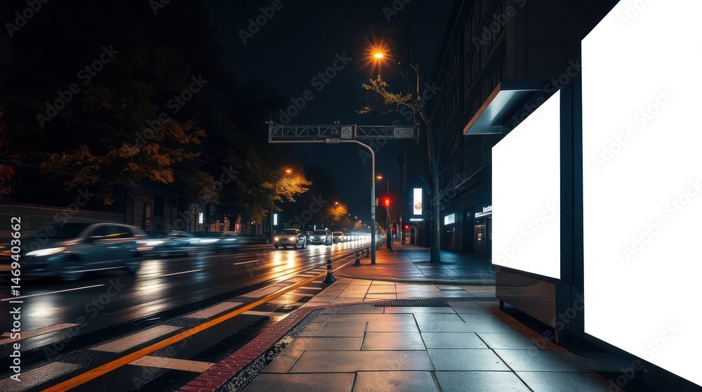 Blank billboard on a rain-slicked city street at night Blank billboard on a rain-slicked city street at night