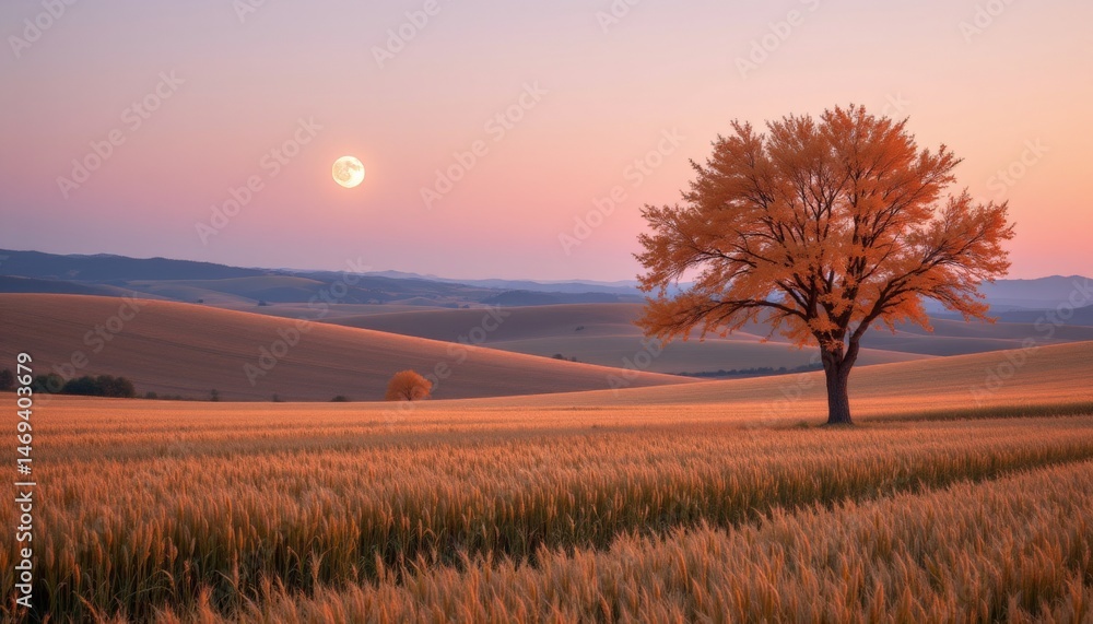 Fototapeta premium Golden Field with Tree at Moonrise