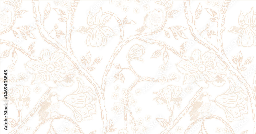 Fototapeta premium Delicate beige floral illustration on a soft white background with fine dotted texture and flowing vine design.