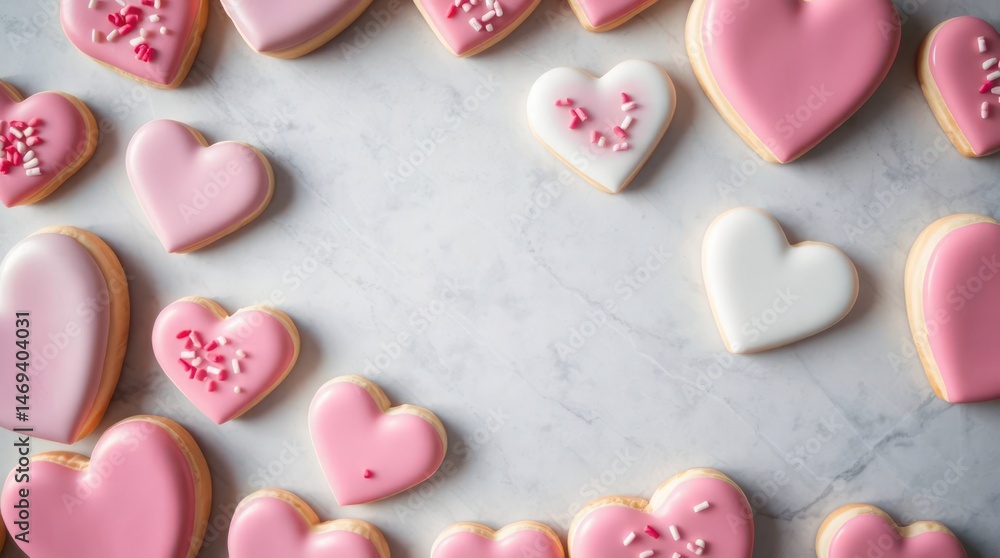 Obraz premium Pink and white heart-shaped sugar cookies arranged on marble background, creating a frame