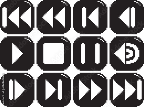 Rewind fast reverse back play stop pause volume forward fast forward next button border highlight left icon black-white vector pixel art icon
