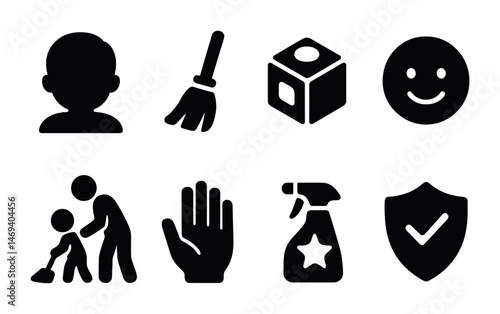 Cleaning and hygiene solid icons set – silhouette, filled, sanitation and maintenance visuals