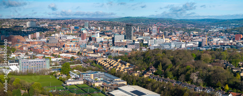 Aerial panorama of Sheffield skyline - England, UK. 