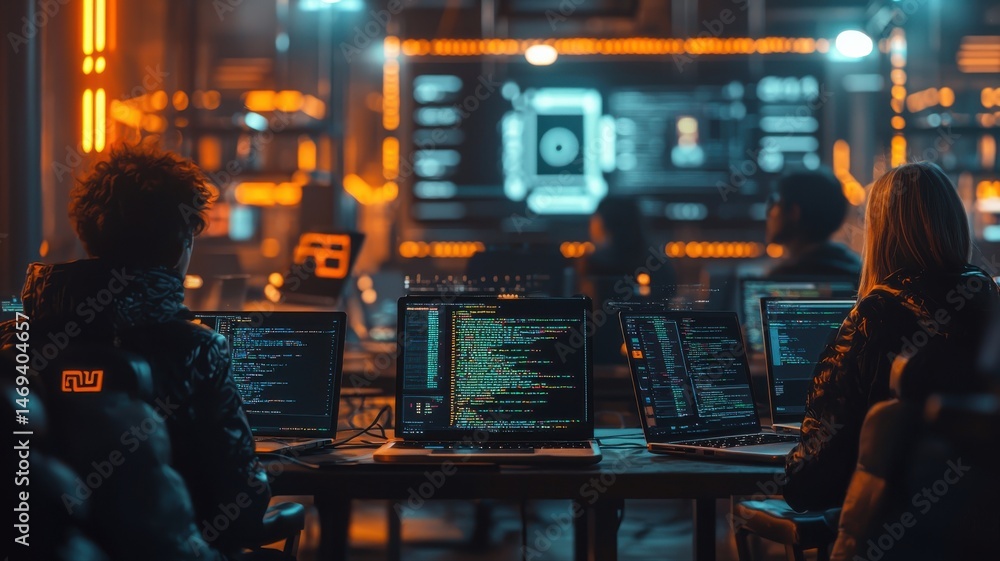 Fototapeta premium Team of Software Engineers Coding at Night in a Modern Tech Office coding night office modern data
