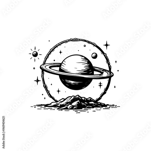 Monochrome illustration of a ringed planet over abstract mountain range landscape