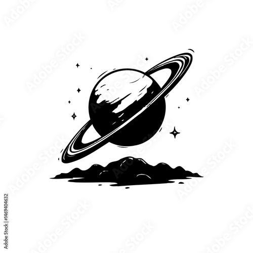 Abstract planetary view featuring celestial bodies with ethereal mountainous landscape