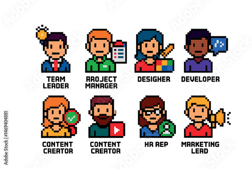 Business and office pixel art icons set – pixelated, team and job role graphics