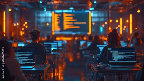 Focused Young Developer Coding in Neon Lit Tech Environment developer coding young man programmer ai