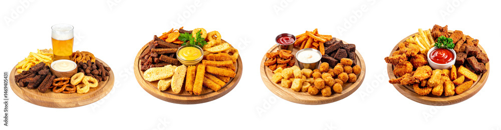Four Assorted Appetizer Platters Isolated with Beer Glass Transparent Background Four Assorted Appetizer Platters Isolated with Beer Glass Transparent Background