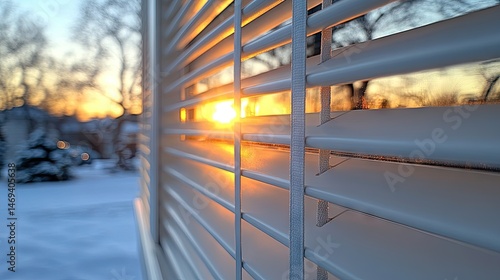 Exterior view of winter sunset through blinds.