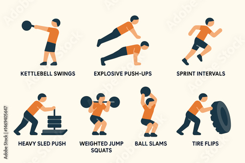 Fitness training flat icons set – workout, gym exercises, health symbols