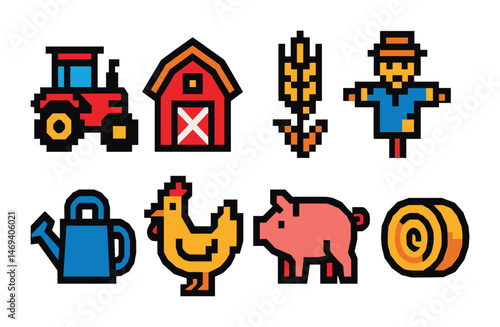 Farm life pixel art icons set – pixel, agriculture, country symbols collection