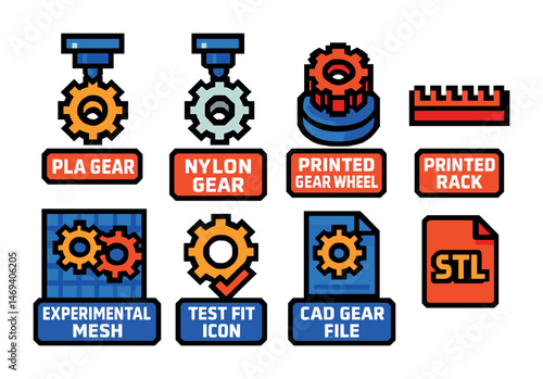 3d printing gear icons set – flat, solid, design and cad symbols