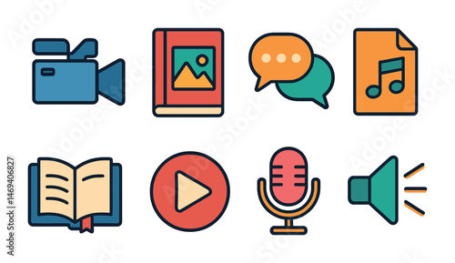 Multimedia flat icons set – audio, video, communication symbol collection