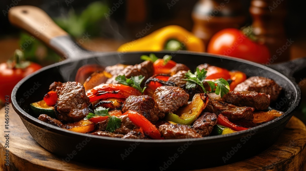 This image features a mouth-watering beef stir-fry cooked with vibrant vegetables, capturing the essence of culinary art in a sizzling cast iron skillet. This image features a mouth-watering beef stir-fry cooked with vibrant vegetables, capturing the essence of culinary art in a sizzling cast iron skillet.