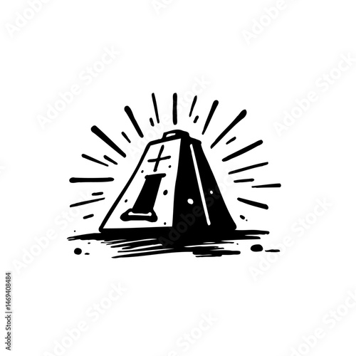 Stylized monument featuring a cross, radiating light, simple line art concept