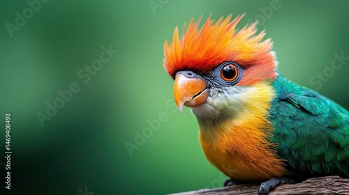 Featuring a striking exotic bird in bright colors, this close-up reveals captivating details, illustrating the beauty and diversity of avian life in a vibrant way. photo
